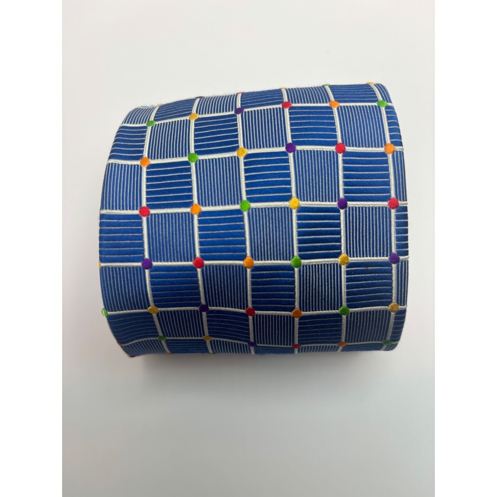 Carlo Palazzi Studio Mens Blue Silk Tie Geometric Grid Multicolor Polka Dot